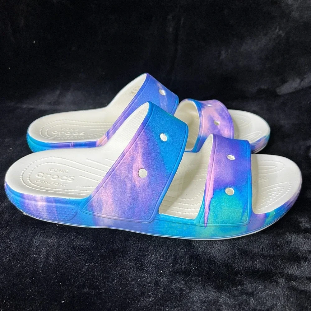 Crocs Classic Out of This World Mens 12 Slip On Sandal Blue Purple Tie Dye Slide